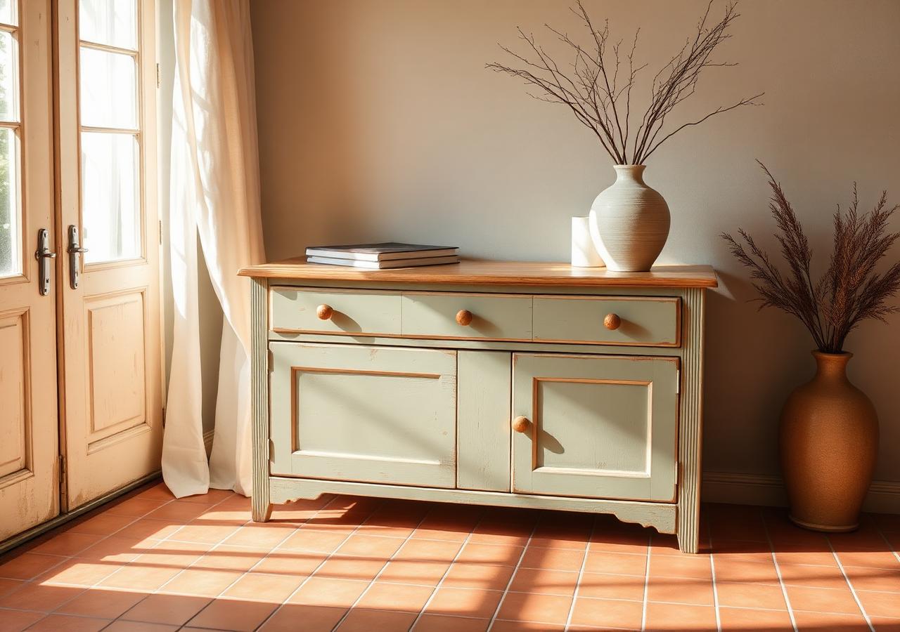 Cómoda restaurada con Milk Paint en color verde salvia sobre suelo de terracota